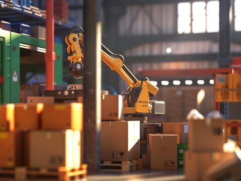 A yellow crane is lifting a box from a pile of boxes. The scene is set in a warehouse with many boxes stacked on top of each other. The crane is the main focus of the image