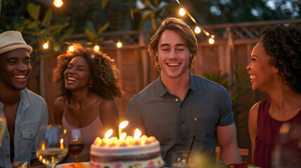A group of friends celebrate with a birthday cake and candles in a warmly lit evening garden setting.