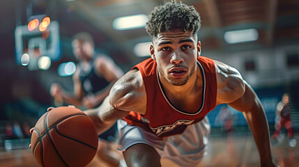 Young male basketball player dribbling the ball on basketball court in action.