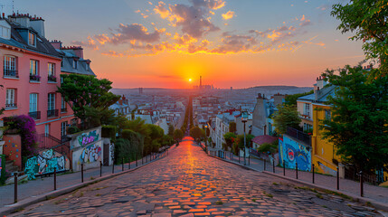 Sunset over a cobblestone street in Paris, France. Summer Olympics