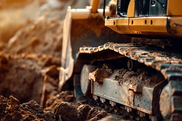 Close up of a digger digging foundation at construction site. - obrazy, fototapety, plakaty