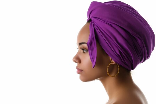 beautiful young woman with purple turban on white background with copy space