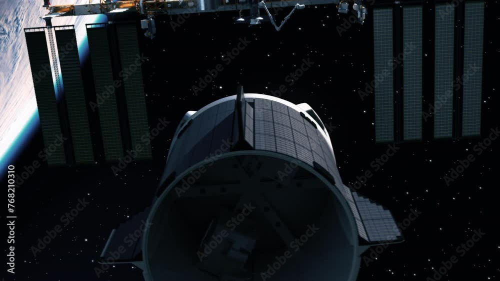 Wall mural private spacecraft is about to dock with the international space station. 3d animation. 4k.