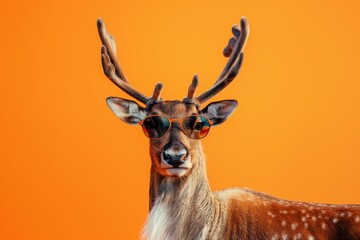 Reindeer with sunglasses isolated on yellow background