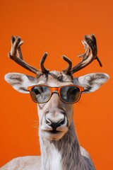 Reindeer with sunglasses isolated on orange background