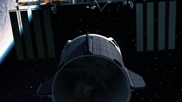 Private spacecraft is about to dock with the international space station. 3d animation. 4k.