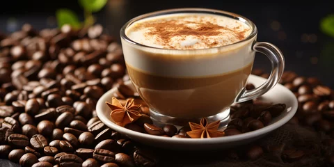 Stof per meter Koffiebar Coffee background, cup of coffee, grains 