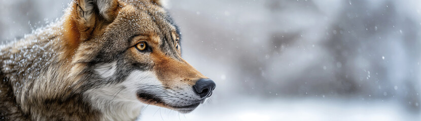 portrait of the gray wolf in winter in a field with snow close-up