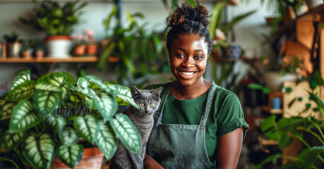 Smiling woman  florist standing in shop with plants on table and her  Cat looking at camera,