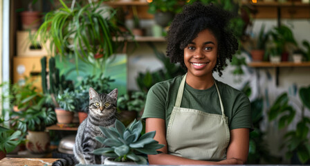Smiling woman  florist standing in shop with plants on table and her  Cat looking at camera, - obrazy, fototapety, plakaty