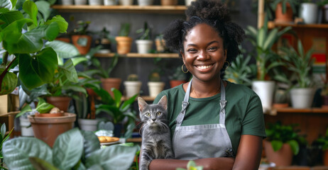 Smiling woman  florist standing in shop with plants on table and her  Cat looking at camera,