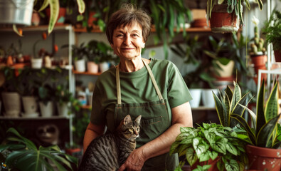 Smiling woman  florist standing in shop with plants on table and her  Cat looking at camera,