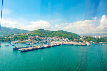Cable car ride from Nha Trang to entertainment island. Aerial view of the city