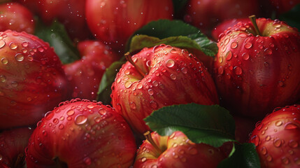 Glistening red apples with water droplets among green leaves.