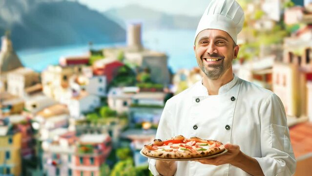 An Italian chef holding a pizza