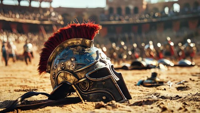 A gladiator helm in the sand of the arena