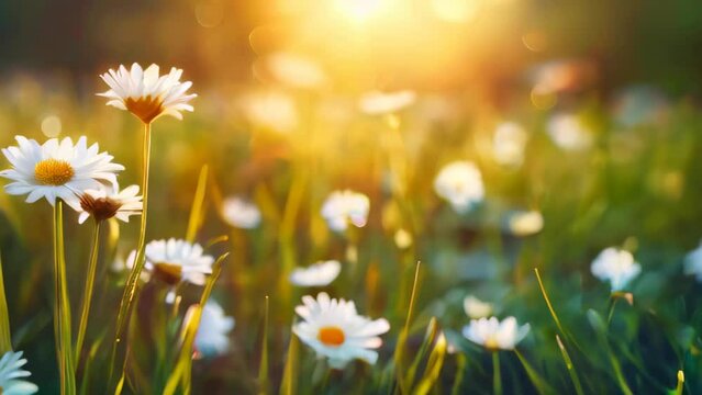 Daisies field in sunset light, spring nature landscape background