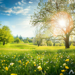 Sunny spring day in a lush meadow filled with blooming wildflowers, towering trees, and rolling hills in the distance.