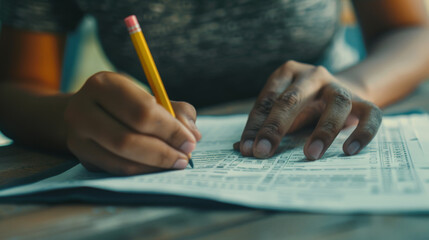 A hand with a pencil filling in a bubble sheet for a test.