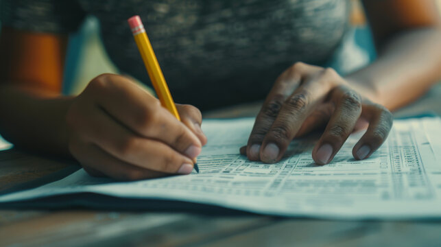 A hand with a pencil filling in a bubble sheet for a test.
