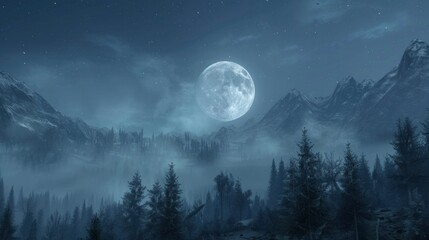 The full moon casts its silvery light over snow-covered mountains, with a blanket of fog and a glittering starry sky completing this enchanting nocturnal tableau