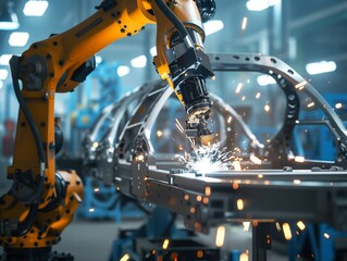A robot is working on a car in a factory. The robot is yellow and has a long arm. The car is being welded and there is a lot of sparks flying. The scene is intense - obrazy, fototapety, plakaty