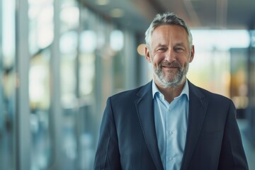 Fototapeta premium An experienced senior male executive exudes confidence and wisdom, standing in a sleek, modern corporate environment with a thoughtful, assured stance