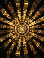 Illuminated gold lights form a circular pattern in a dark room, creating a captivating visual effect