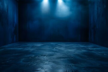Dramatic and Mysterious Empty Dark Blue Room with Spotlight on Concrete Floor. Concept Mysterious Space, Dark Interiors, Dramatic Lighting, Spotlight Effect, Concrete Textures