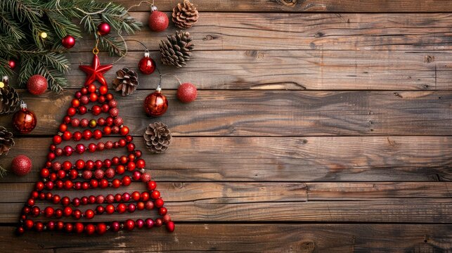 A red necklace is arranged in the shape of a Christmas tree on a wooden board, with spruce branches