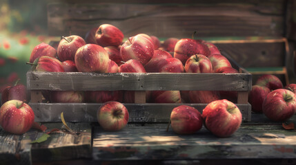 A wooden crate overflows with dewy red apples on a rustic table amidst an orchard.