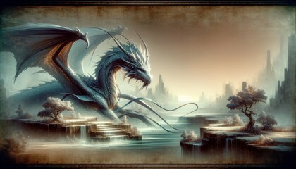 Majestic Dragon Overlooking Serene Cityscape and Waters