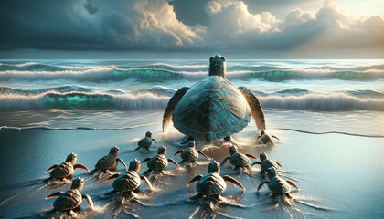 Sea Turtle Leading Hatchlings to Ocean at Dawn or Dusk - obrazy, fototapety, plakaty