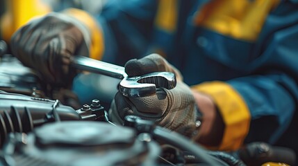 a mechanic is working on a car engine with a wrench - obrazy, fototapety, plakaty