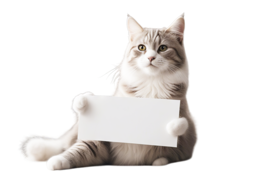 white cat smiling banner isolated holding background happy pet animal peeking smile domestic copy space kitten fun funny joy laugh meow sale up high baby behind blank board breed card cardboard care