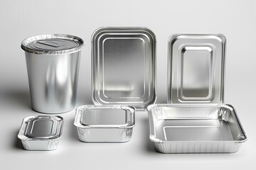 A group of aluminum foil containers and containers with lids and lids on a white background with a