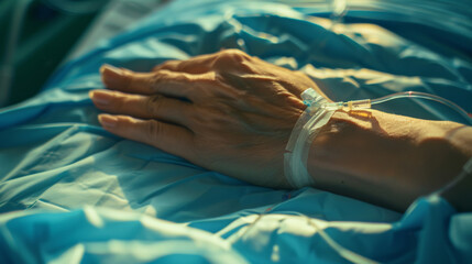 A patient's hand with an intravenous line is resting on a blue hospital bed.