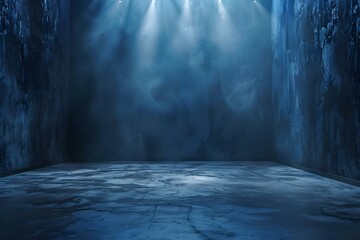 Dramatic and Mysterious: Dark Blue Room with Concrete Floor and Spotlight. Concept Dramatic Photoshoot, Mysterious Setting, Dark Blue Room, Concrete Floor, Spotlight - obrazy, fototapety, plakaty