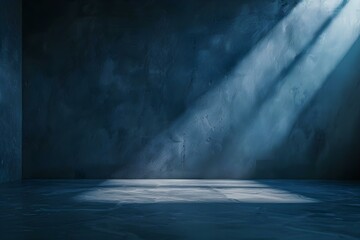 Dramatic and Mysterious: Spotlight on Concrete Floor in Empty Dark Blue Room. Concept Dark Room, Concrete Floor, Spotlight, Dramatic Lighting, Mysterious Atmosphere - obrazy, fototapety, plakaty
