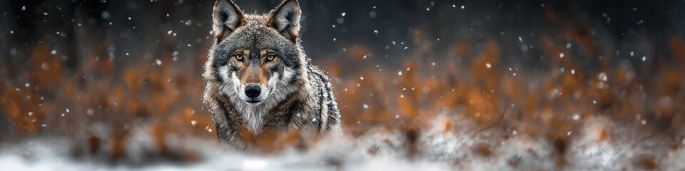 gray wolf canis lupus in winter in field with snow