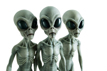 3 Alien life forms, the Greys, isolated on a transparent background, Generative AI