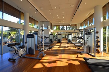 A Large Gym With Abundant Exercise Equipment, A gym with high ceilings, big mirrors and wooden floors, AI Generated