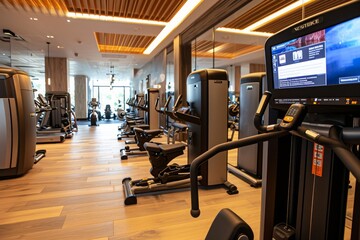 A fully equipped gym featuring a range of treadmills and exercise machines for an intense workout session, A gym with high-tech touch screens on all machines, AI Generated - obrazy, fototapety, plakaty