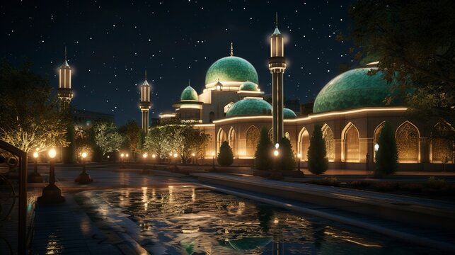 A photo of a beautifully illuminated mosque at night