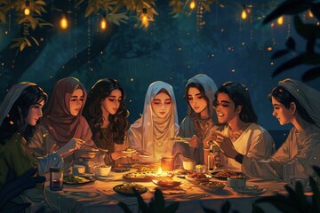 A group of women is gathered around a table, engaged in eating food and conversation, A group of friends sharing iftar, AI Generated
