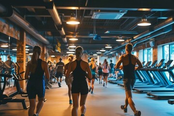 A dynamic group of individuals performing running exercises on treadmills in a well-equipped gym, A group of people working out in a lively, bustling gym, AI Generated - obrazy, fototapety, plakaty