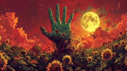 Fototapeta na wymiar A giant hand erupts from a field of sunflowers, its fingers reaching towards a crescent moon