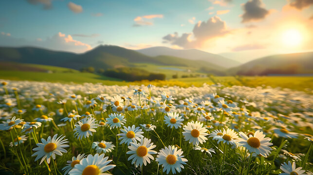 Beautiful spring and summer natural landscape with blooming field of daisies in the grass in the hilly countryside.