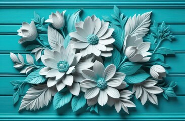 Beautiful floral pattern on turquoise wooden background.