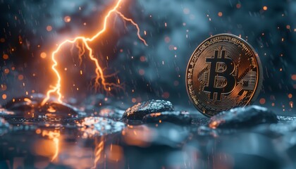 Bitcoin shield repelling economic attacks, fierce storm light, eye-level, fortress